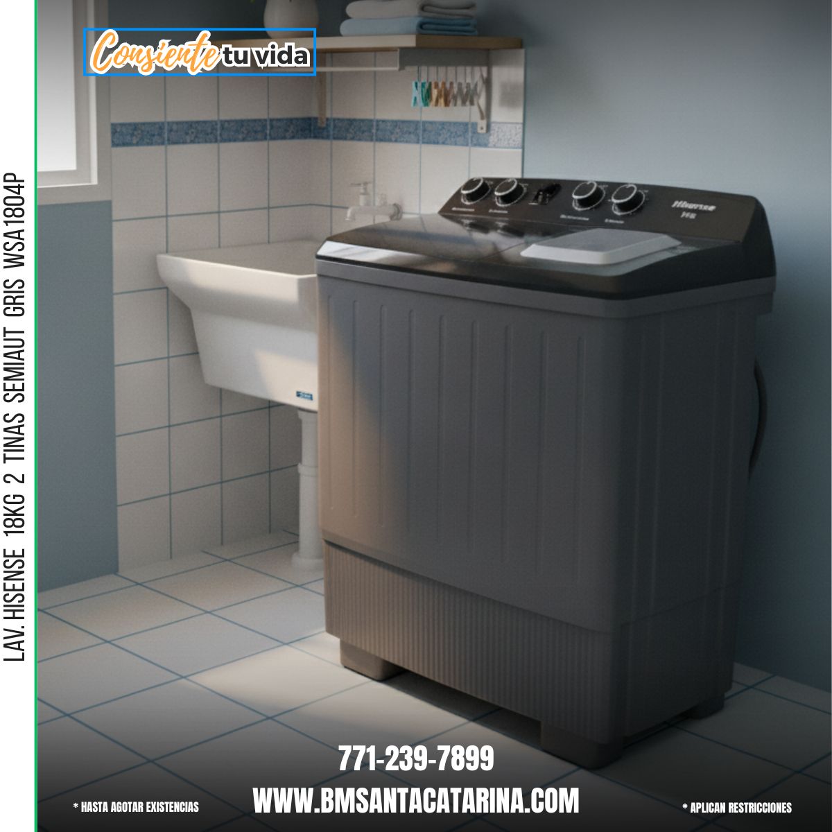 LAV. HISENSE  18KG  2  TINAS  SEMIAUT  GRIS  WSA1804P